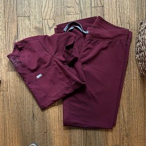 Figs Burgundy set, medium tall Livingston pants, medium Catalina top